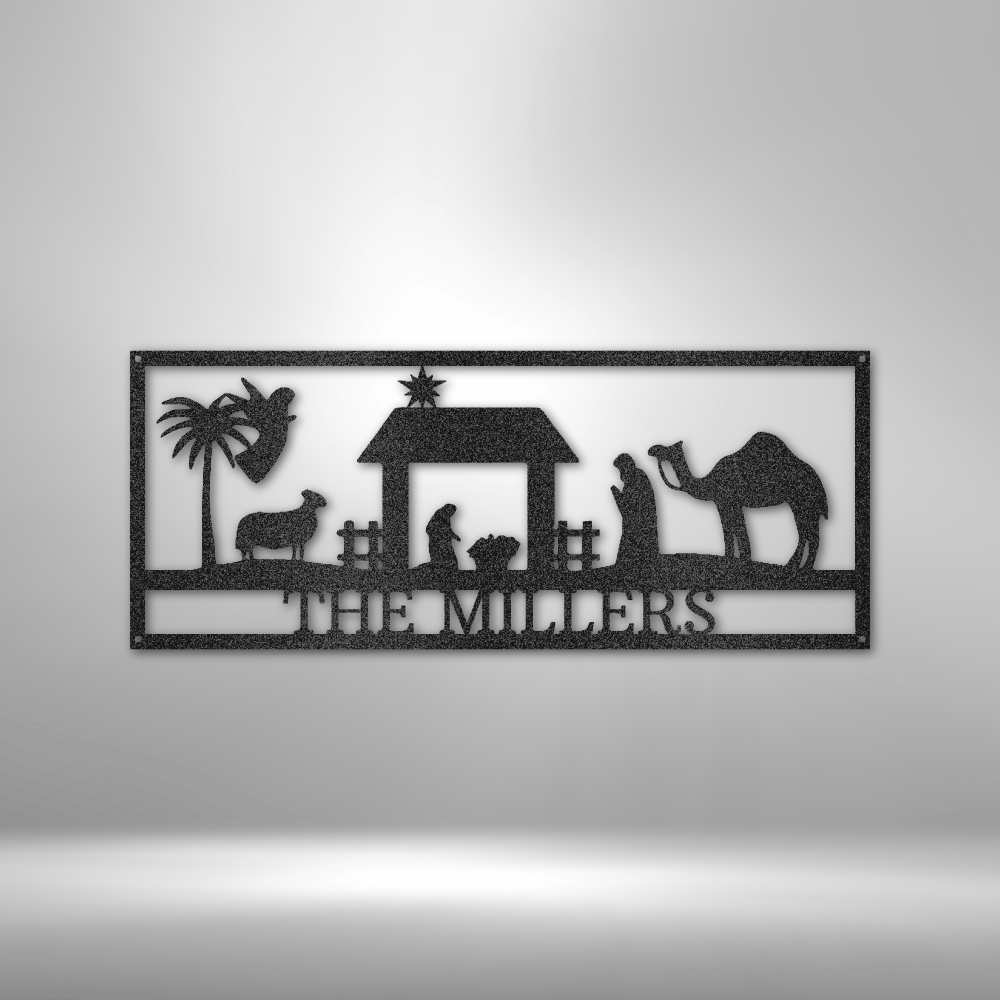custom steel sign made in usa with nativity scene and personalized family nameplate