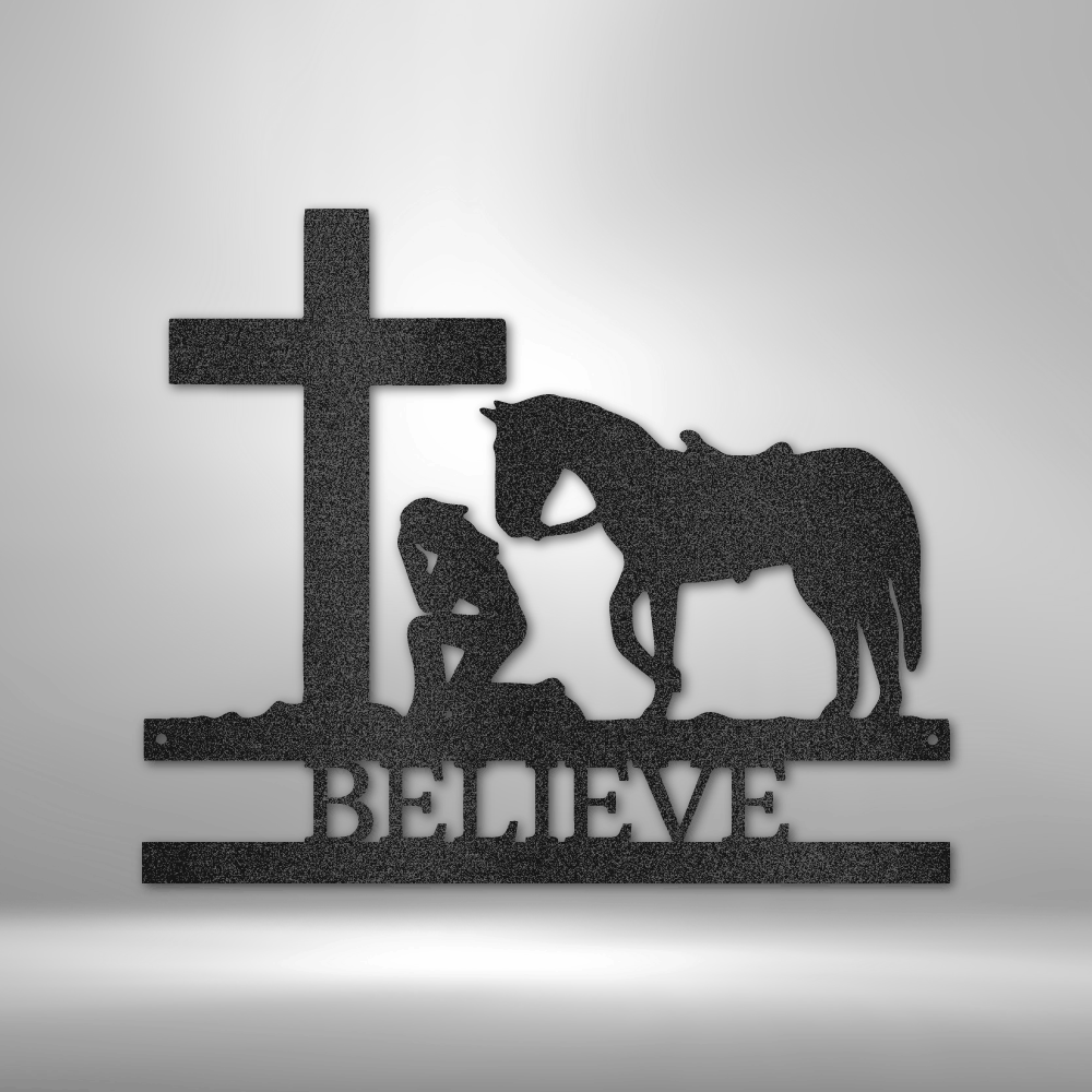 Metal wall art with cowboy kneeling at cross and horse, personalized with your own phrase, name or date. 