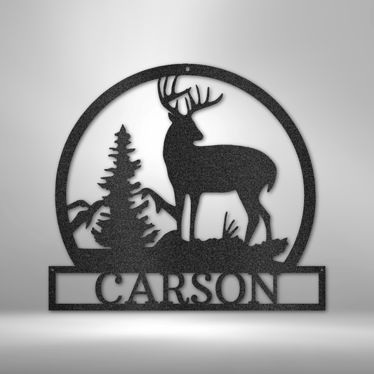 custom steel sign made in usa with deer pine tree and personalized name plate