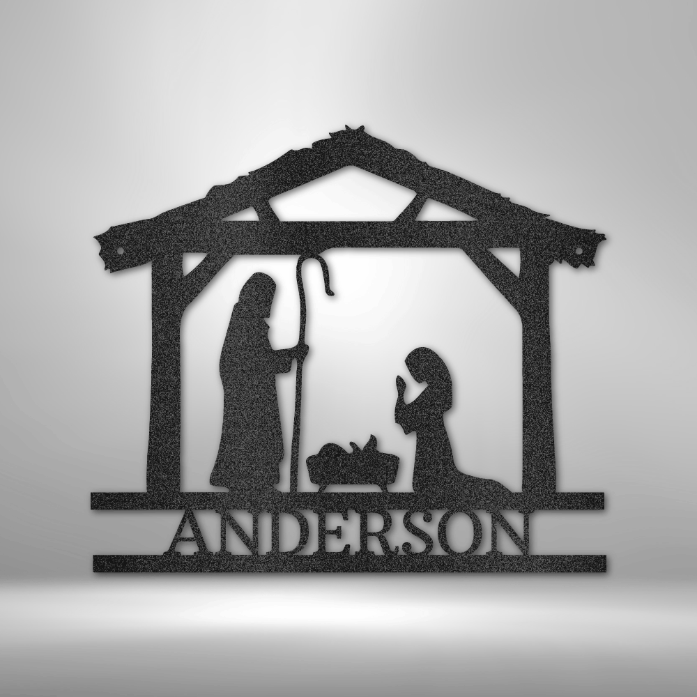 Custom steel sign with nativity  and personalized family name and stable silhouette, Christian Christmas decor made in USA