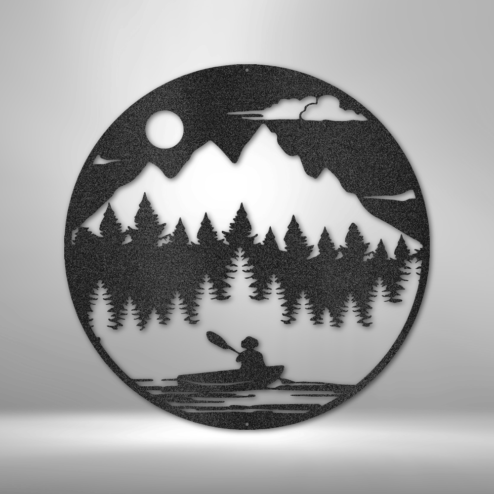 custom steel sign made in usa with kayaker lake pine trees and mountain scene