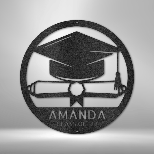Custom graduation cap and diploma steel sign with personalized name and class year, senior gift decor made in USA