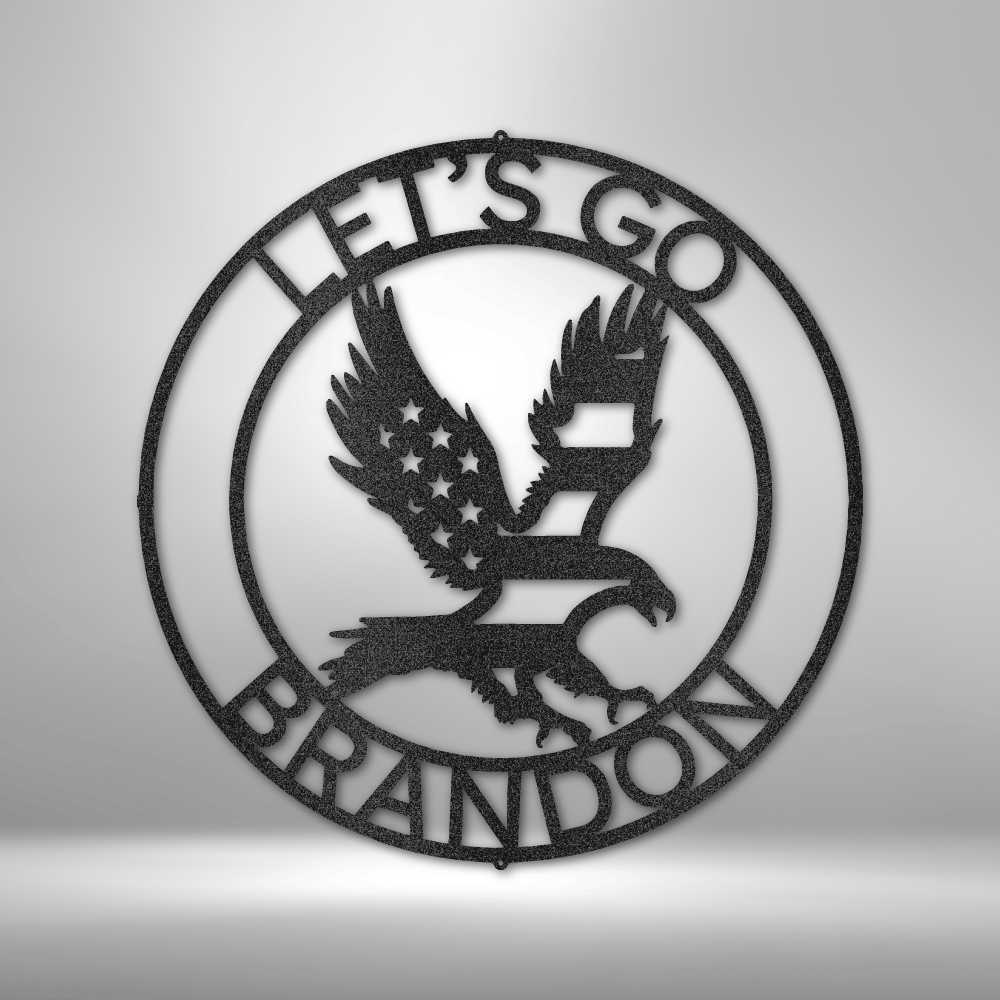 custom steel sign made in usa with flying patriotic eagle and customizable top and bottom text