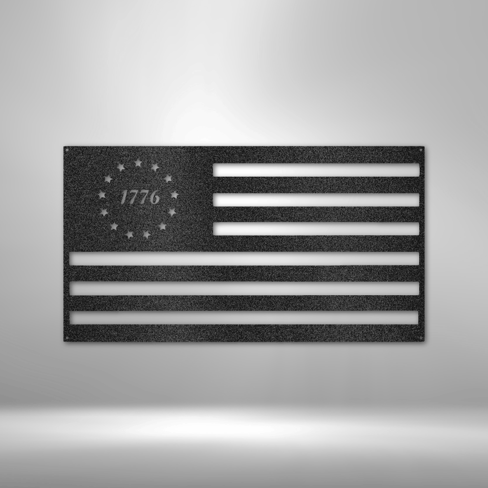 1776 Betsy Ross flag metal wall art with 13 stars and bold patriotic design, made in USA