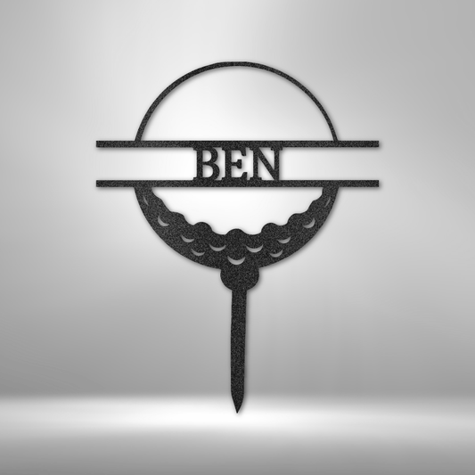 Custom steel golf yard sign with ball on tee and personalized name text