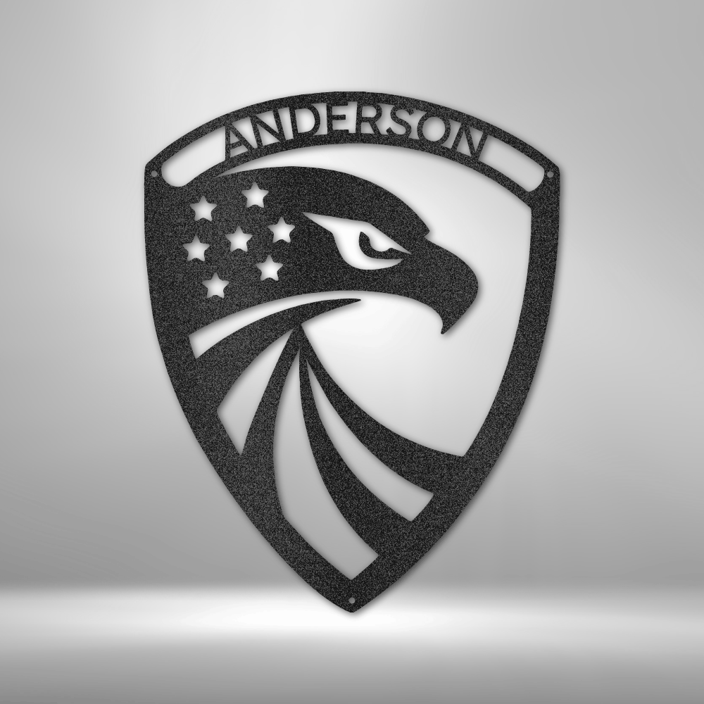 custom steel sign made in usa with patriotic eagle badge and personalized nameplate