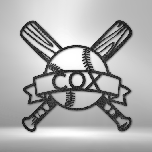 Custom steel baseball name sign with crossed bats and ball, personalized sports decor made in USA