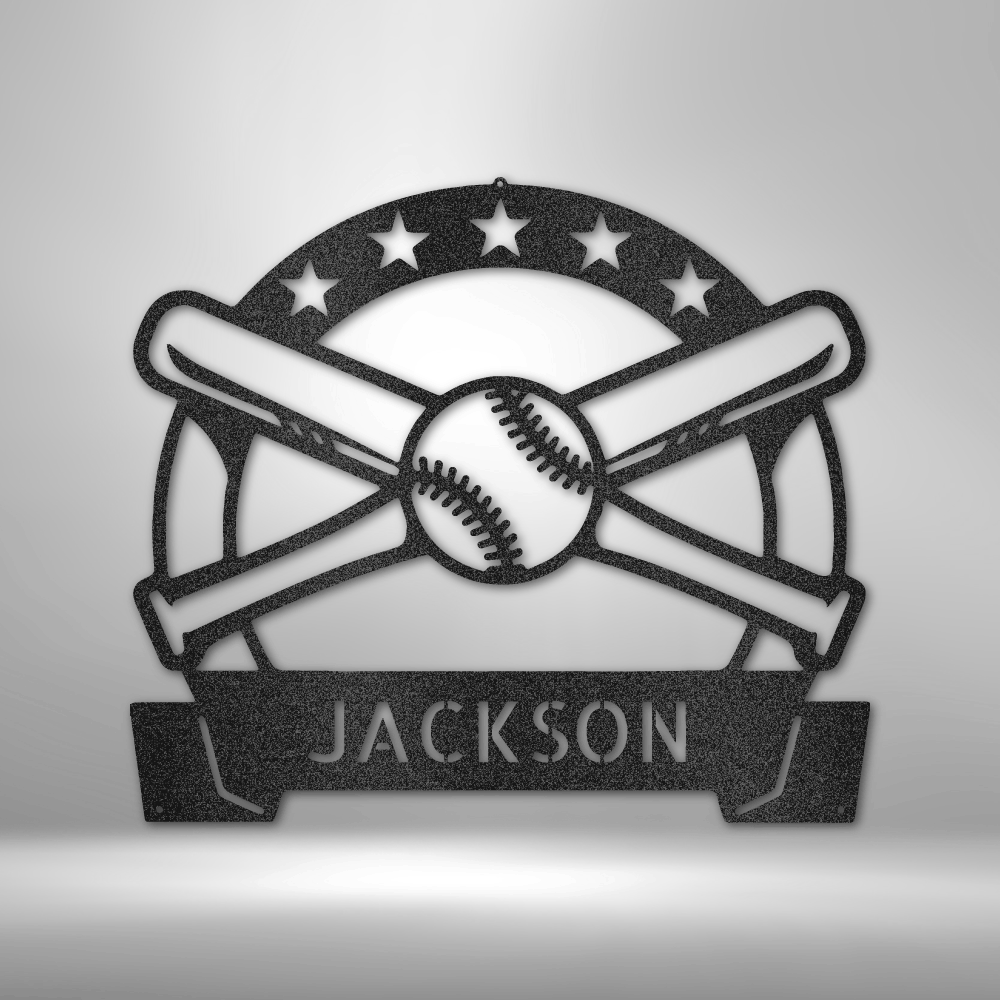 Custom steel baseball wall art with bats, stars, and personalized player name