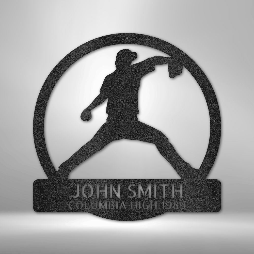 Custom steel baseball wall art with pitcher silhouette and personalized name and phrase