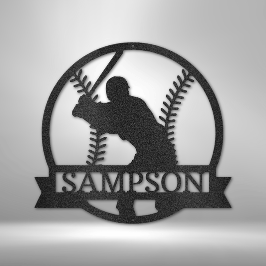 Custom steel baseball sign with player silhouette and personalized name, made in USA