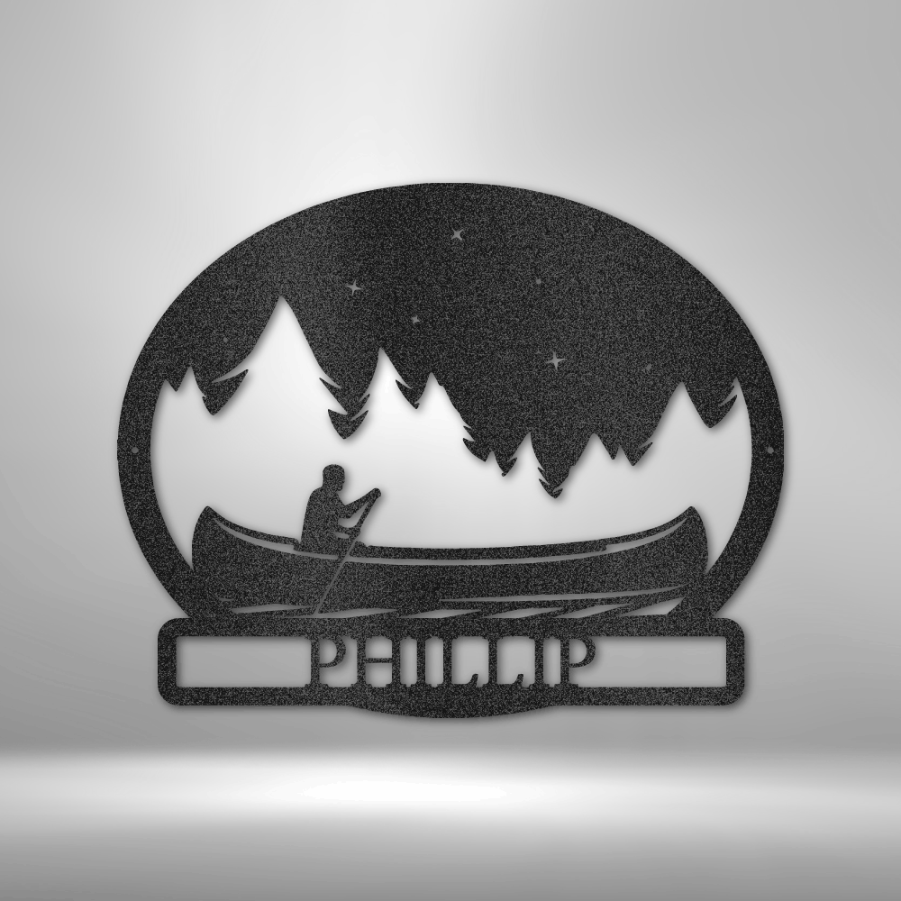 custom steel sign made in usa with canoe paddler forest background and personalized nameplate