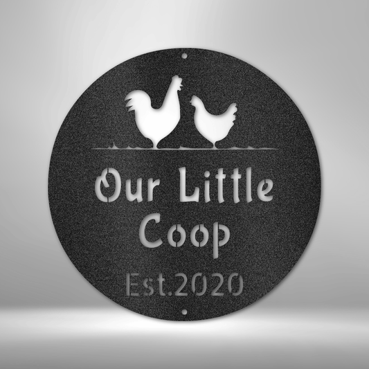 Custom steel chicken coop wall sign with hen and chick design and personalized farm text