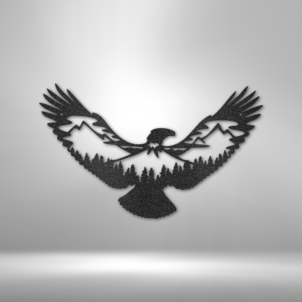 custom steel sign made in usa with eagle silhouette mountain and forest wall art