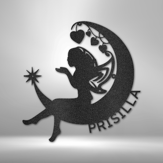 Custom fairy moon steel sign with personalized name, girls room wall art made in USA