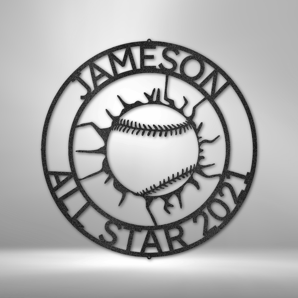 custom steel sign made in usa with cracked baseball and customizable top and bottom text