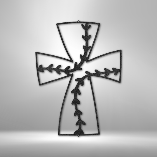Baseball cross metal wall art with stitching detail, faith and sports Christian decor made in USA