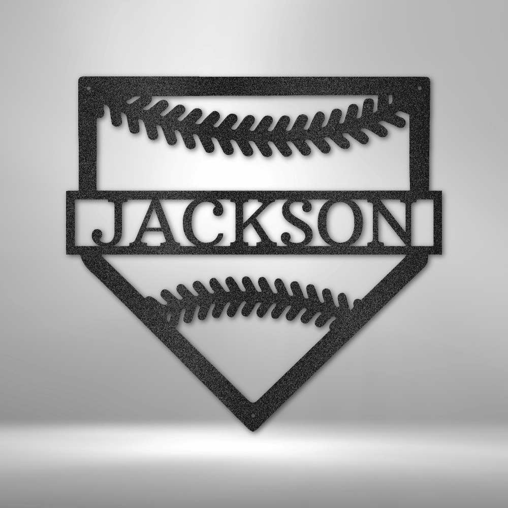 custom steel sign made in usa with baseball home plate shape and personalized name