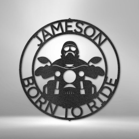 Custom steel sign with bold front-facing biker silhouette and personalized text