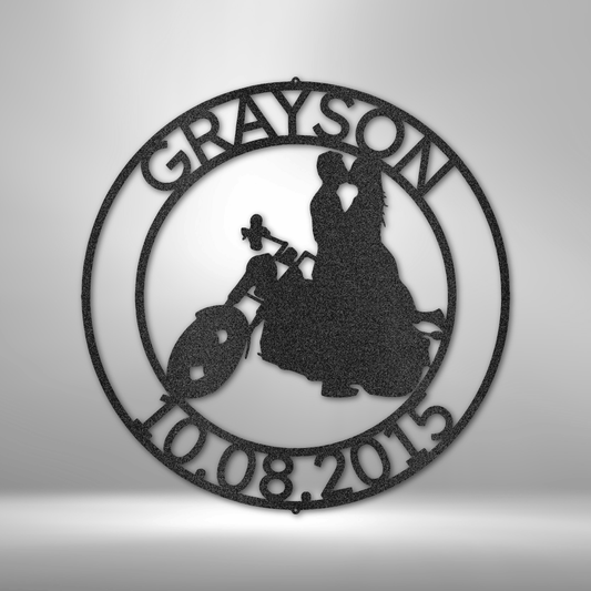 Custom steel sign with motorcycle couple silhouette, personalized name and date