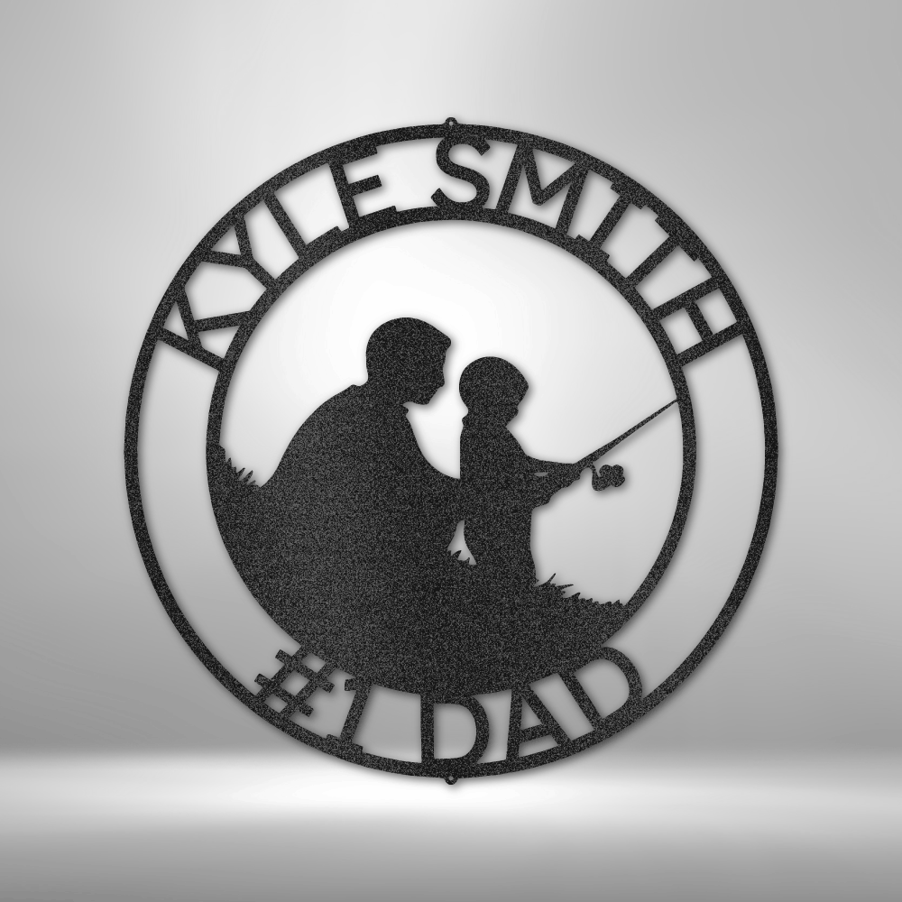 Custom steel sign with adult and child fishing silhouette and personalized text