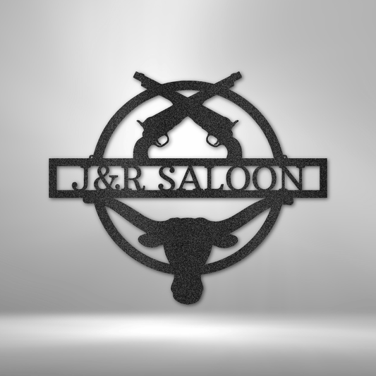 Custom western longhorn steel sign with crossed pistols and personalized nameplate, made in USA