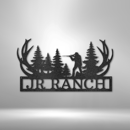 Custom hunting steel sign with antlers, forest, shooter silhouette, and personalized text, made in USA