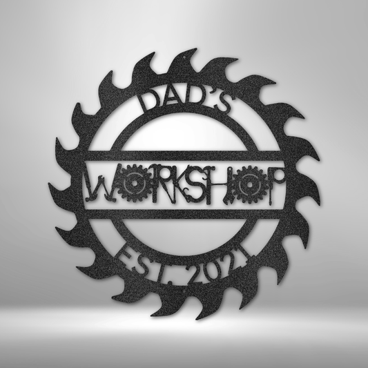 Custom steel saw blade workshop sign with personalized name and garage decor design