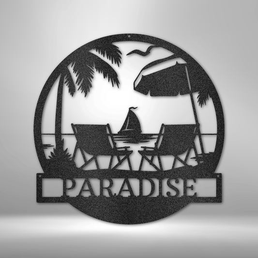 Custom beach scene steel sign with palm trees, chairs, and personalized nameplate, made in USA