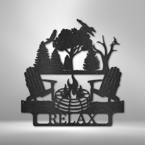 custom steel sign made in usa with adirondack chairs firepit trees and personalized message customized at the bottom of design.