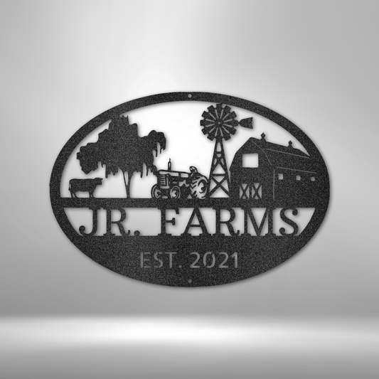 Custom steel farm sign with barn scene, windmill, livestock, and personalized name and date