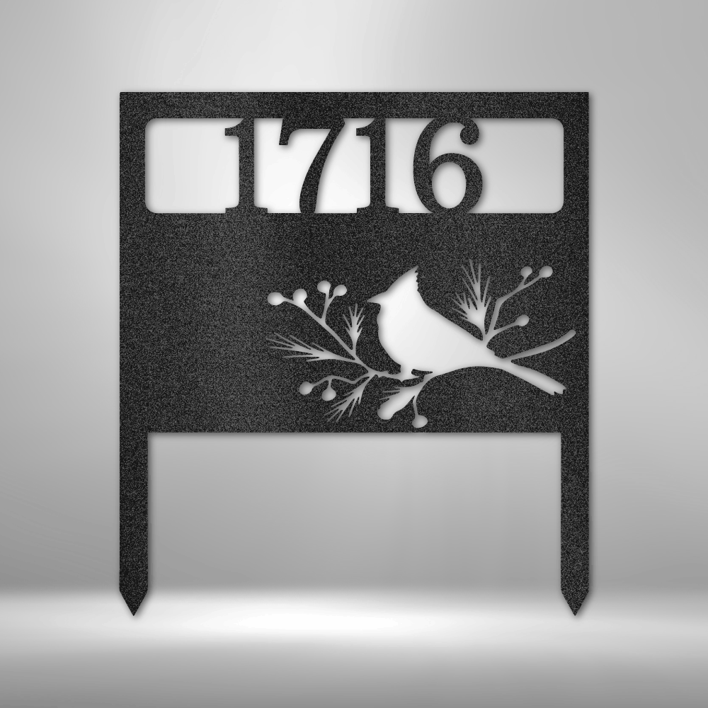 Custom metal yard stake with cardinal and house number design for front lawn