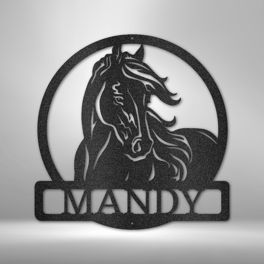 Custom steel horse silhouette wall art with personalized name cutout
