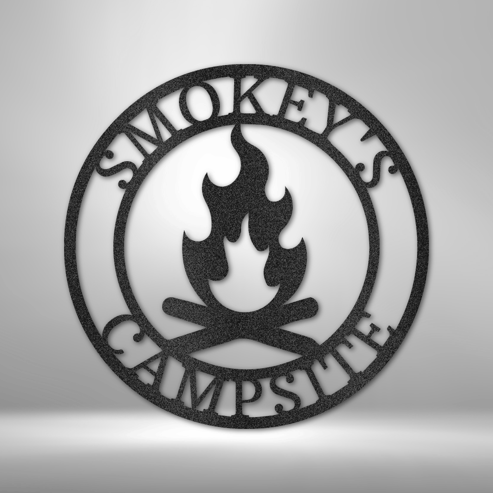 Custom campfire steel sign with circular text for campsite or RV decor, personalized outdoor sign made in USA