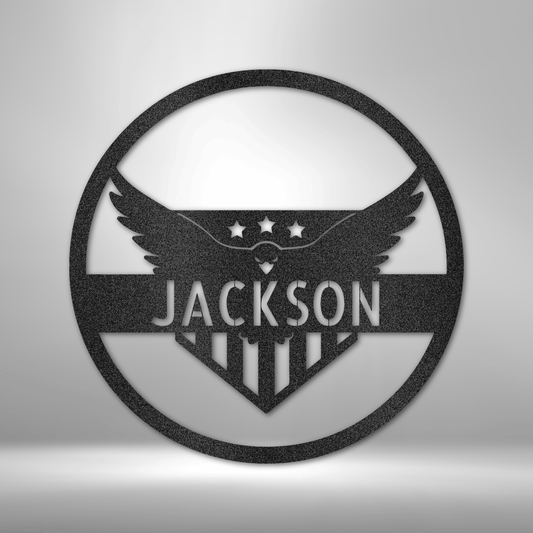 Custom steel eagle emblem wall art with stars, stripes, and personalized name