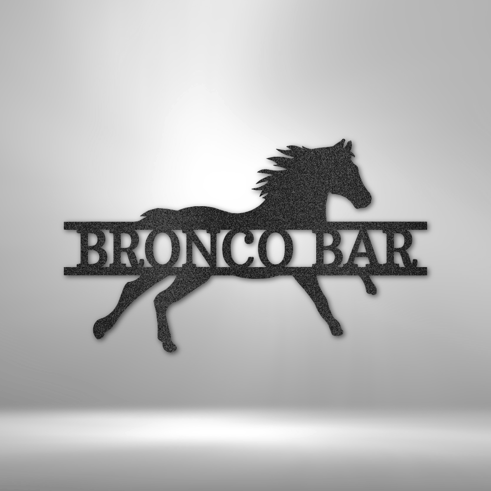 Custom steel galloping horse sign with personalized bar or ranch name cut through center