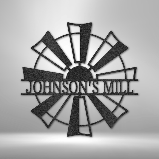 Custom steel windmill wall art with rustic design and personalized name across center