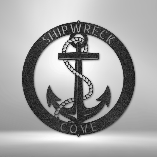 Custom anchor steel sign with rope and circular personalized text, nautical wall decor for lake or beach house made in USA