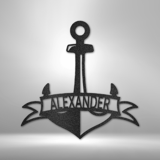 Custom steel anchor sign with personalized name banner, nautical decor made in USA