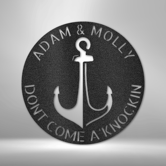 Custom steel nautical sign with anchor silhouette and personalized name and phrase