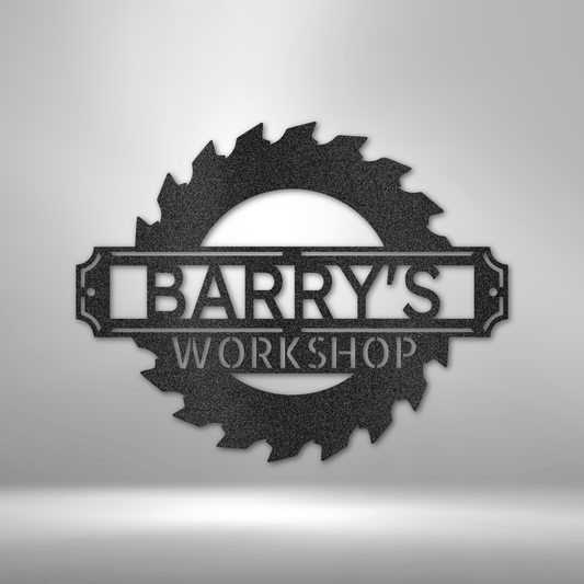 Custom saw blade steel sign with personalized workshop and name text, made in USA