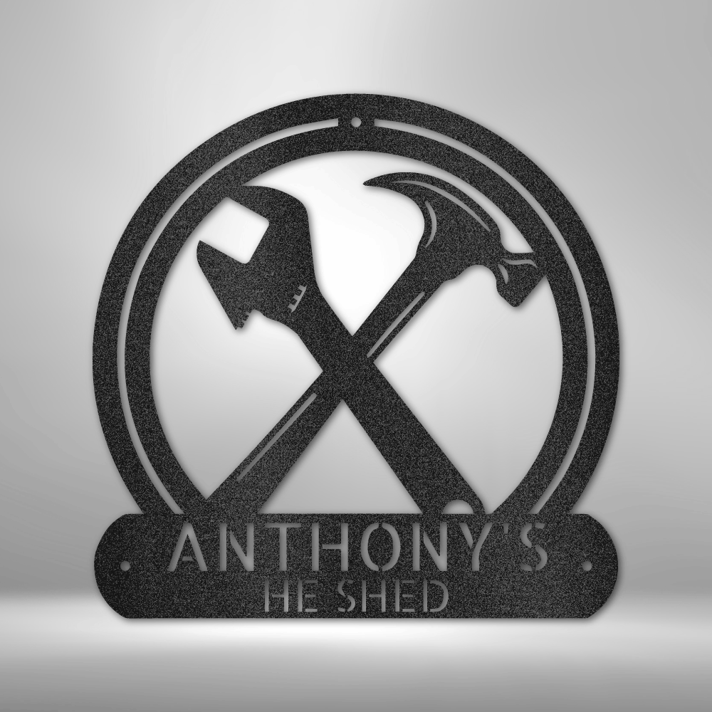 Custom steel workshop sign with wrench and hammer crossed design and personalized text