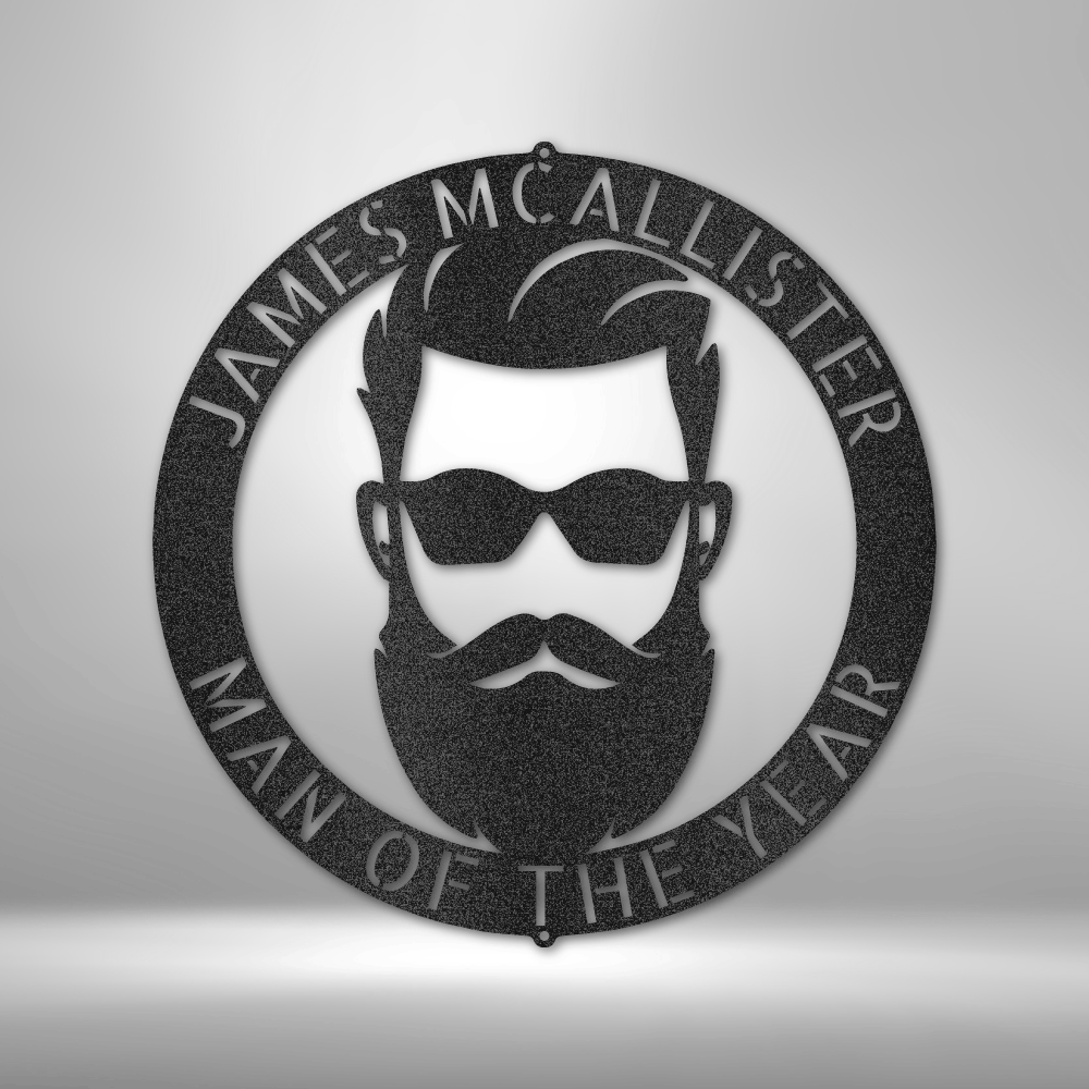 Custom steel sign with bearded silhouette and personalized top and bottom text, man cave wall art gift for men made in USA