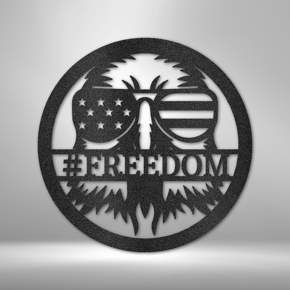 Custom steel sign with bald eagle wearing American flag sunglasses and customizable text