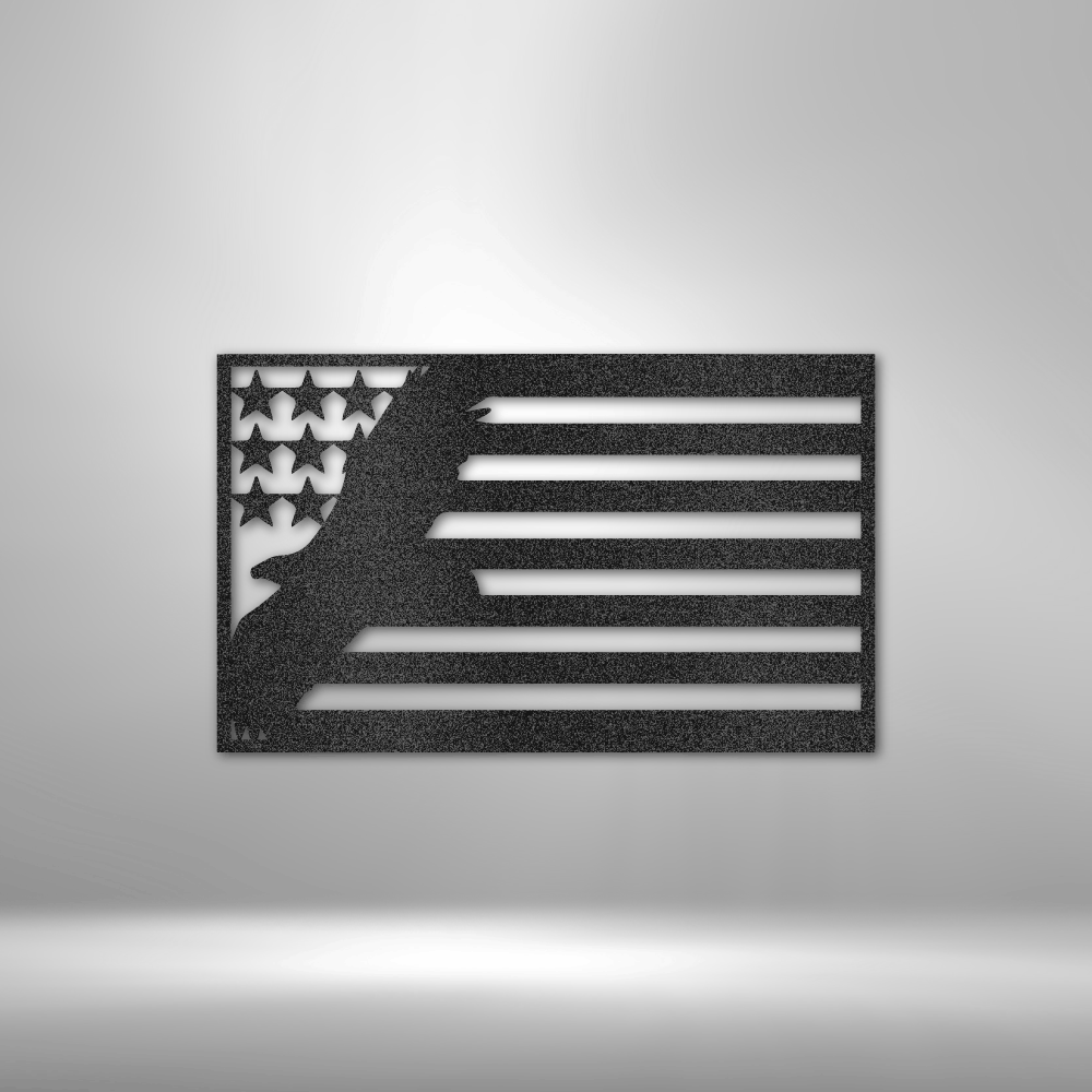 American flag metal wall art with soaring eagle silhouette, patriotic home decor made in USA