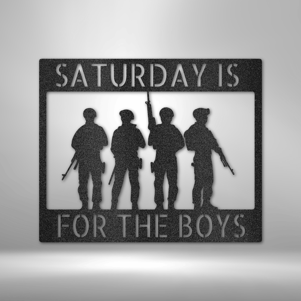 custom steel sign made in usa with armed soldier silhouettes and customizable top and bottom text
