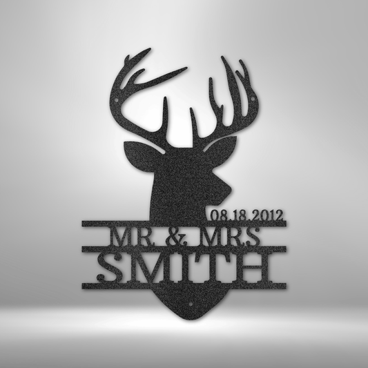 custom steel sign made in usa with deer head silhouette and customizable text areas for names or dates