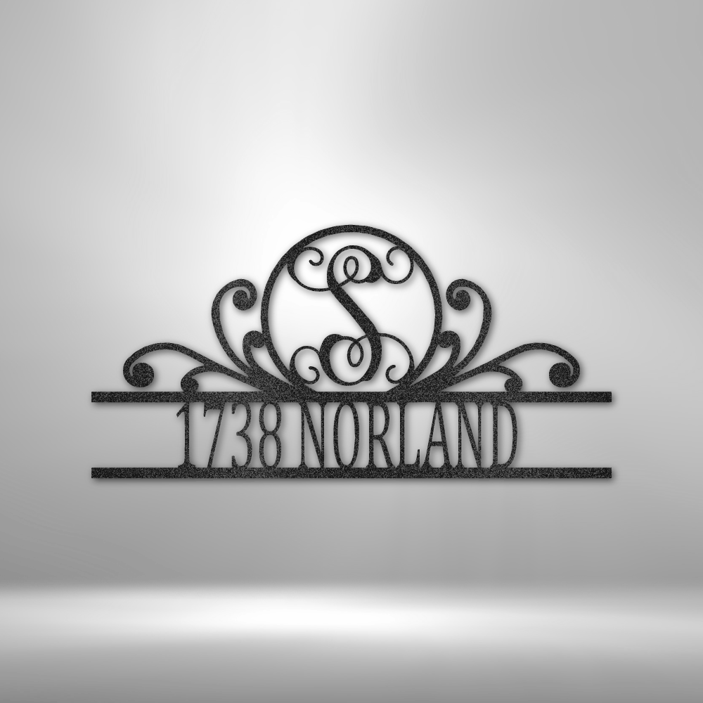 custom steel sign made in usa with scroll monogram letter and personalized bottom text