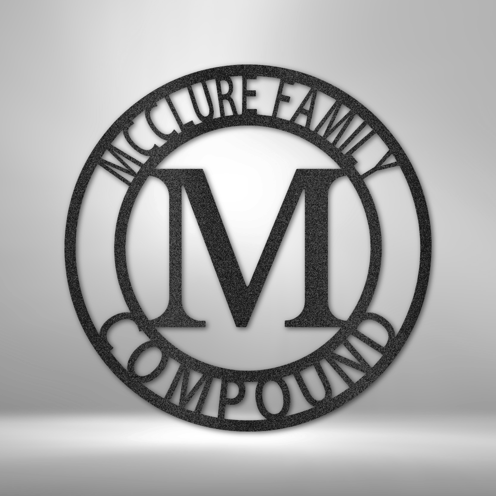 Custom steel monogram wall sign with large initial and personalized family name text