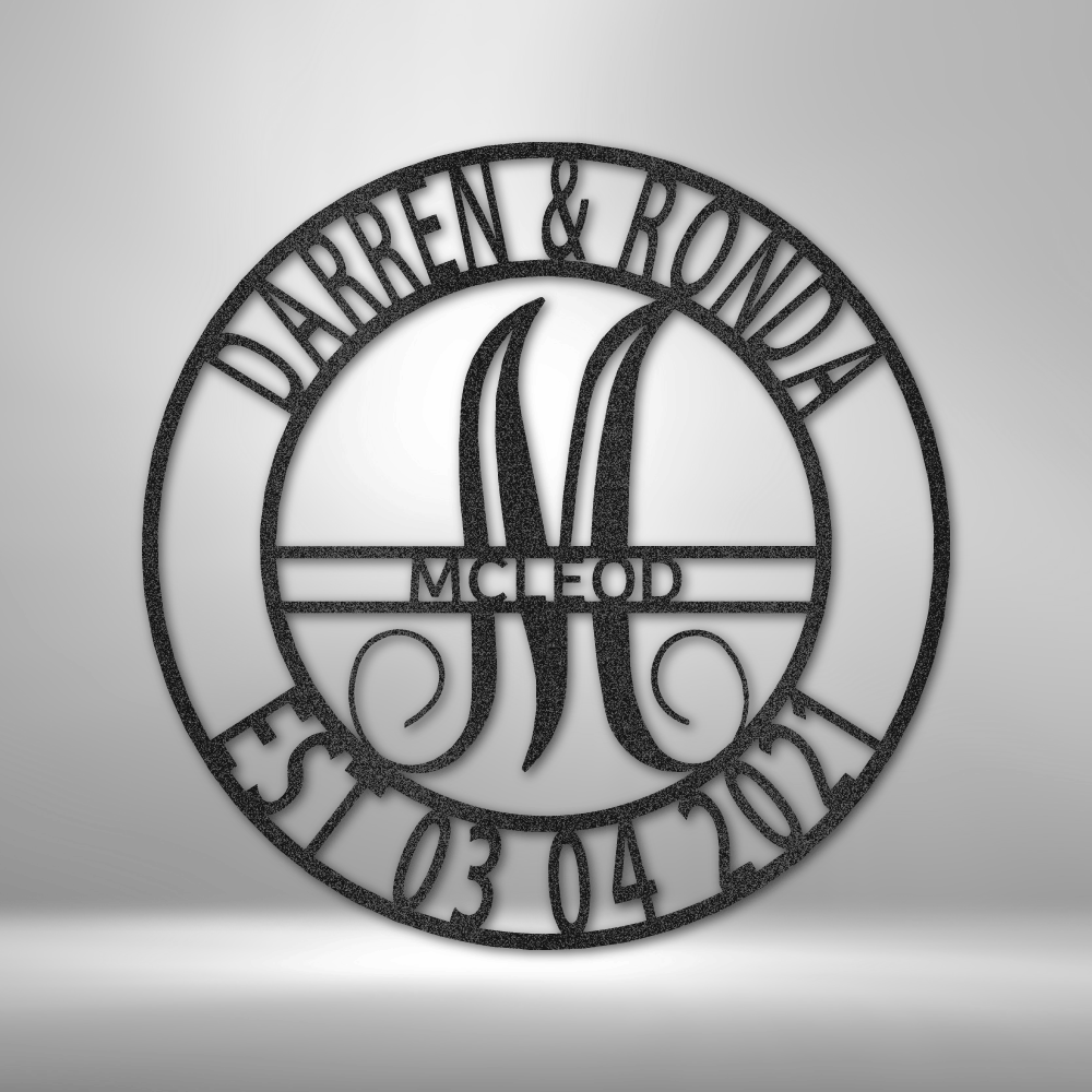 Custom steel monogram wall art with elegant script and personalized name and date