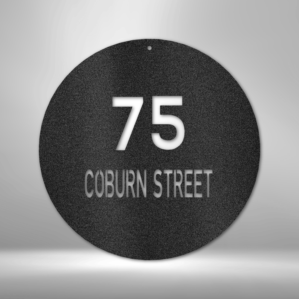 custom steel sign made in usa with round layout and customizable top and bottom text